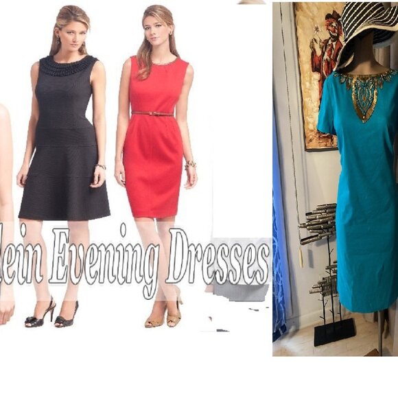 FAB LUX ANNE KLEIN NY BEJEWLED SHEATH LETS PARTY LINEN BLEND DRESS TURQUOISE - Picture 2 of 11